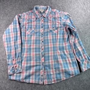 Ariat Women's XL Pink Blue Embroidered Metallic Western Button Down